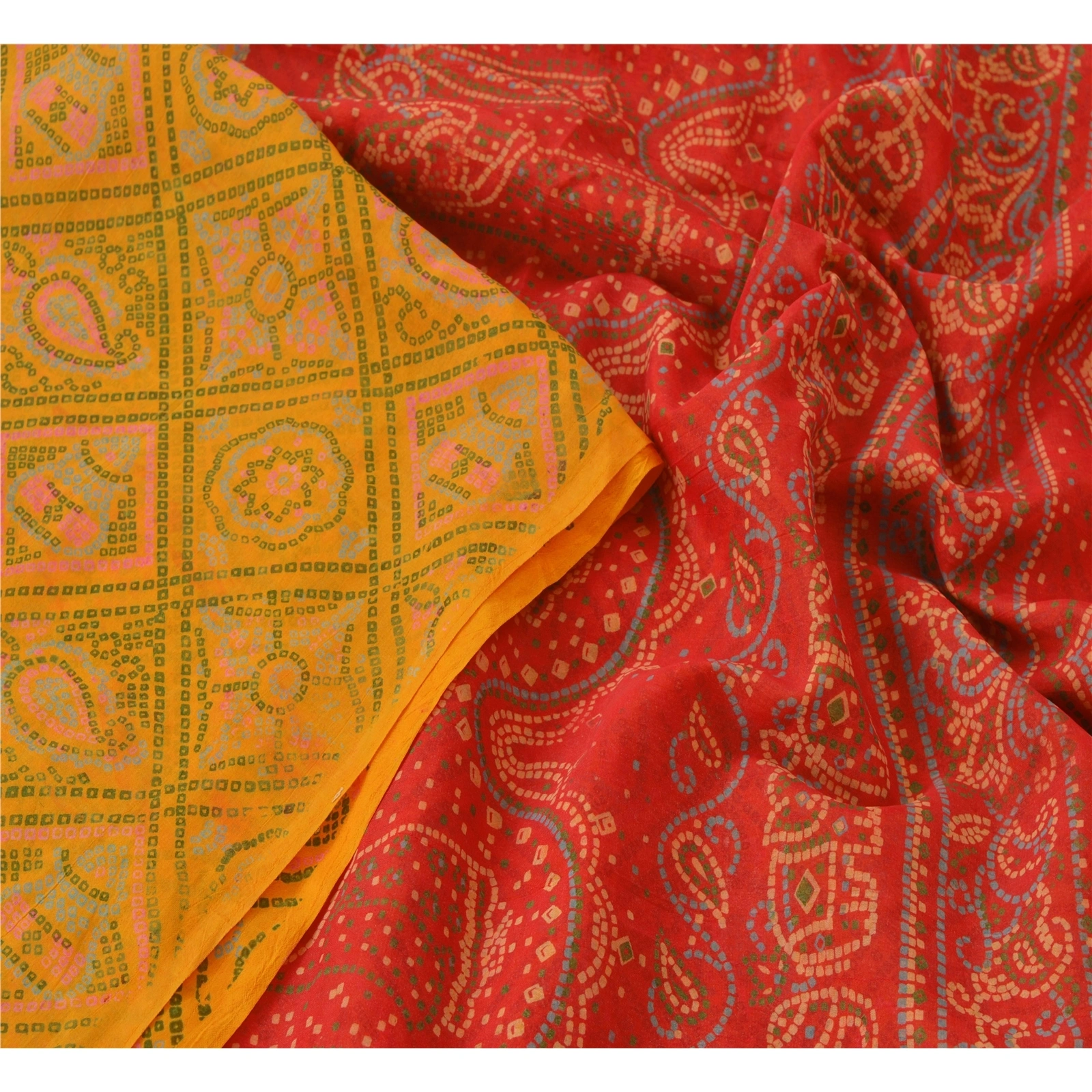 Sanskriti Vintage Yellow Sarees Art Silk Printed Sari Craft Decor 5 Yd Fabric, PR-49952-Yellow-Art Silk-2