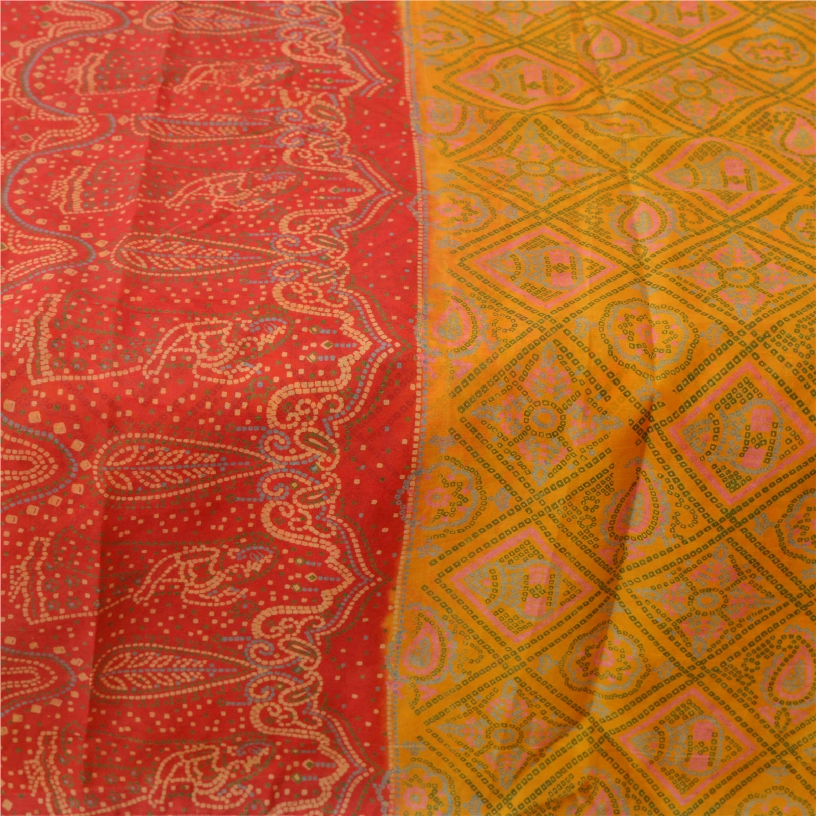 Sanskriti Vintage Yellow Sarees Art Silk Printed Sari Craft Decor 5 Yd Fabric, PR-49952-Yellow-Art Silk-3