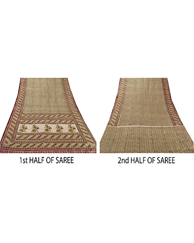 Sanskriti Vintage Cream Sarees 100% Pure Silk Printed Sari Craft Sewing Fabric, PR-50198-Cream-Pure Silk-4
