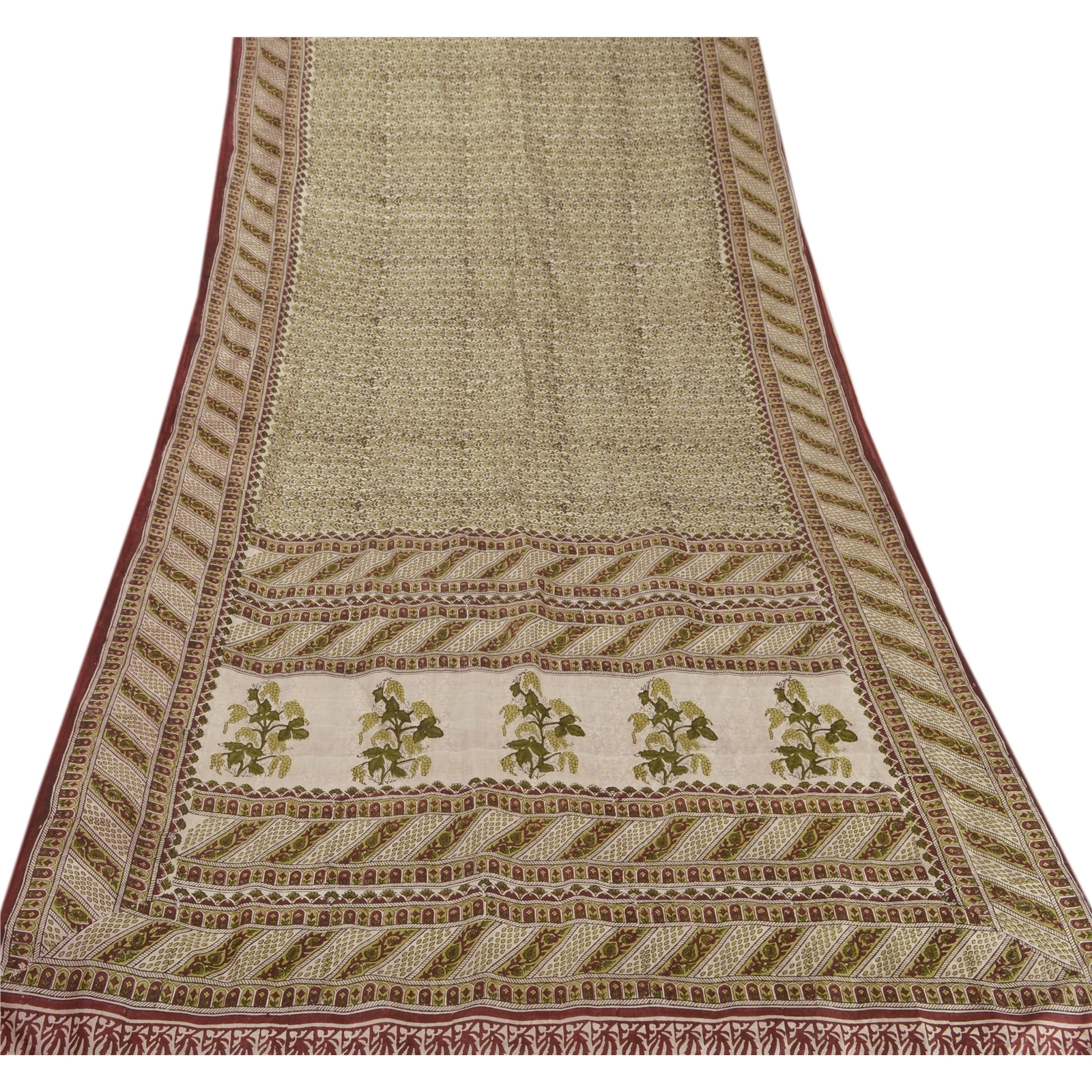 Sanskriti Vintage Cream Sarees 100% Pure Silk Printed Sari Craft Sewing Fabric, PR-50198-Cream-Pure Silk-6