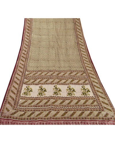 Sanskriti Vintage Cream Sarees 100% Pure Silk Printed Sari Craft Sewing Fabric, PR-50198-Cream-Pure Silk-6