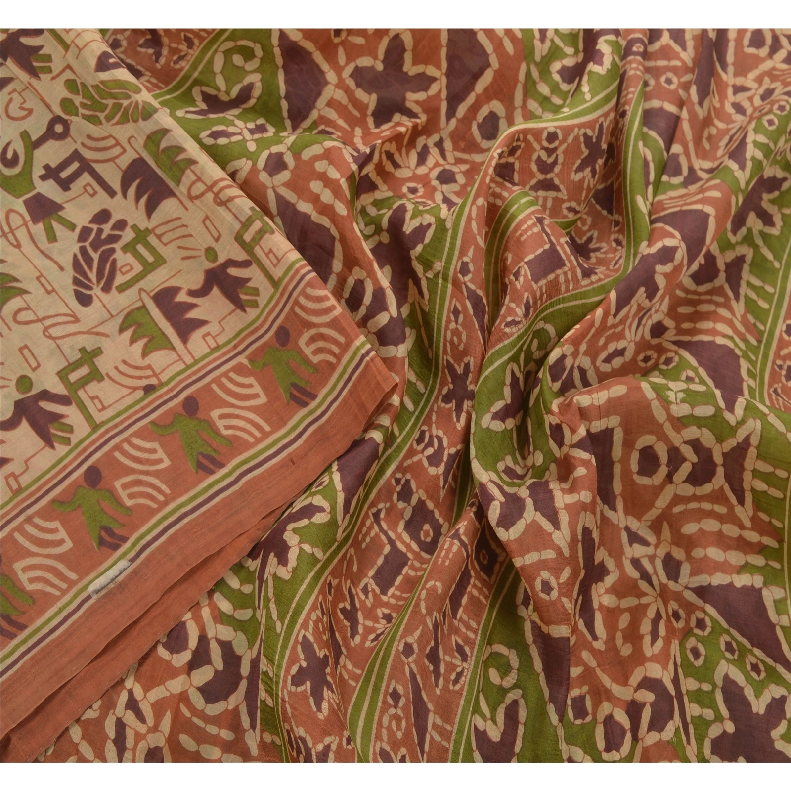 Sanskriti Vintage Cream Sarees 100% Pure Silk Printed Sari Sewing Craft Fabric, PR-50417-Cream-Pure Silk-2