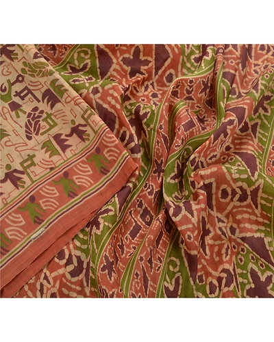 Sanskriti Vintage Cream Sarees 100% Pure Silk Printed Sari Sewing Craft Fabric, PR-50417-Cream-Pure Silk-2