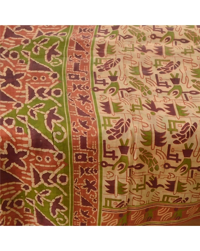 Sanskriti Vintage Cream Sarees 100% Pure Silk Printed Sari Sewing Craft Fabric, PR-50417-Cream-Pure Silk-3