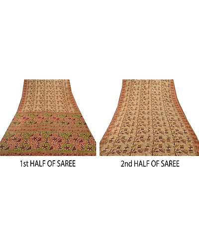 Sanskriti Vintage Cream Sarees 100% Pure Silk Printed Sari Sewing Craft Fabric, PR-50417-Cream-Pure Silk-4