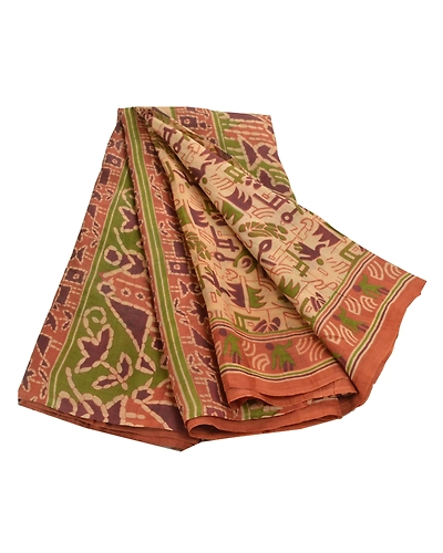 Sanskriti Vintage Cream Sarees 100% Pure Silk Printed Sari Sewing Craft Fabric, PR-50417-Cream-Pure Silk-5