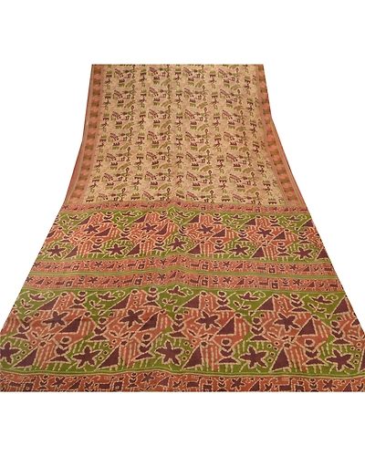 Sanskriti Vintage Cream Sarees 100% Pure Silk Printed Sari Sewing Craft Fabric, PR-50417-Cream-Pure Silk-6