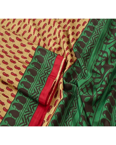 Sanskriti Vintage Cream Sarees Art Silk Printed Sari 5 Yard Craft Floral Fabric, PR-50491-Cream-Art Silk-1
