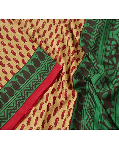 Sanskriti Vintage Cream Sarees Art Silk Printed Sari 5 Yard Craft Floral Fabric, PR-50491-Cream-Art Silk-2