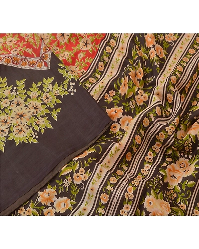 Sanskriti Vintage Red Indian Sarees Printed 100% Pure Silk Sari 5Yd Craft Fabric, PR-51959-Red-Printed Floral Design-Pure Silk-2