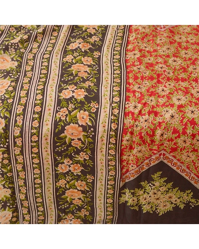 Sanskriti Vintage Red Indian Sarees Printed 100% Pure Silk Sari 5Yd Craft Fabric, PR-51959-Red-Printed Floral Design-Pure Silk-4