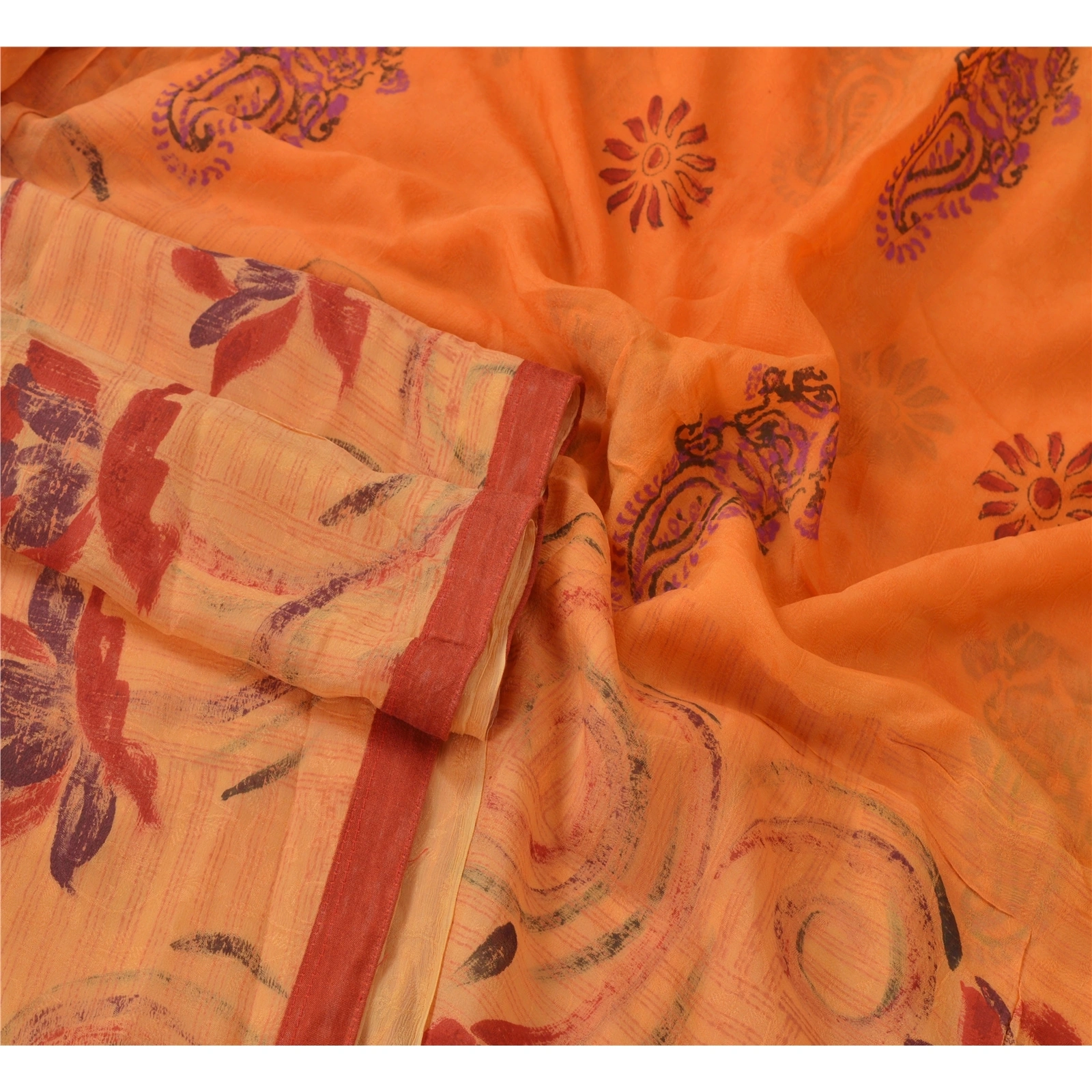 Sanskriti Vintage Orange Indian Sari Printed Blend Silk Sarees Craft Fabric, PR-52007-Orange-Printed Floral Design-Blend Silk-1