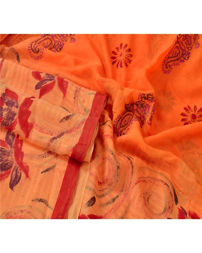 Sanskriti Vintage Orange Indian Sari Printed Blend Silk Sarees Craft Fabric, PR-52007-Orange-Printed Floral Design-Blend Silk-1