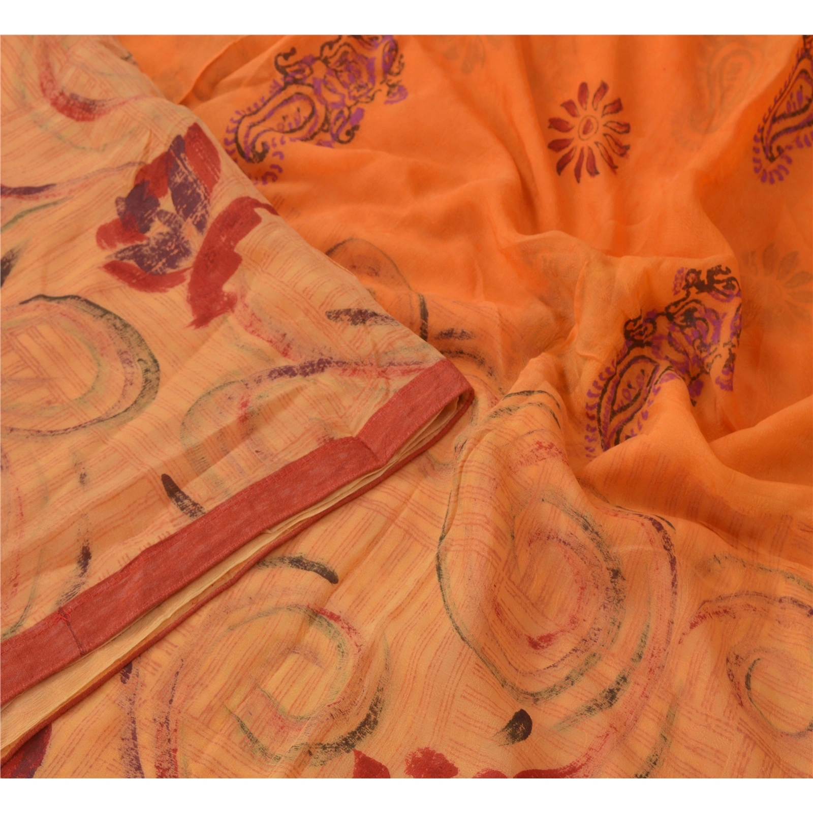 Sanskriti Vintage Orange Indian Sari Printed Blend Silk Sarees Craft Fabric, PR-52007-Orange-Printed Floral Design-Blend Silk-2