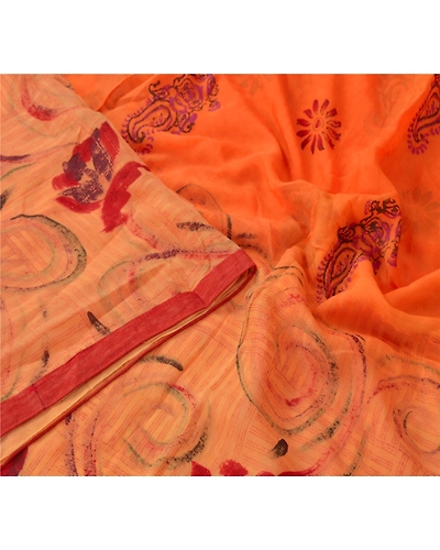 Sanskriti Vintage Orange Indian Sari Printed Blend Silk Sarees Craft Fabric, PR-52007-Orange-Printed Floral Design-Blend Silk-2