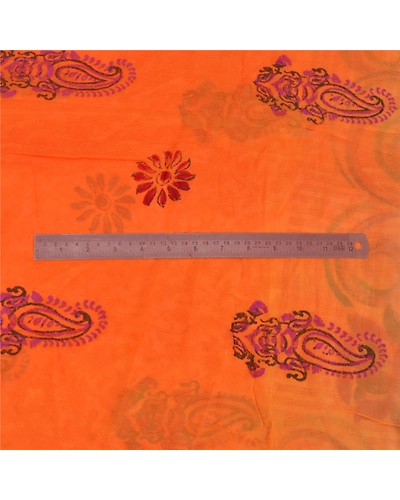 Sanskriti Vintage Orange Indian Sari Printed Blend Silk Sarees Craft Fabric, PR-52007-Orange-Printed Floral Design-Blend Silk-3