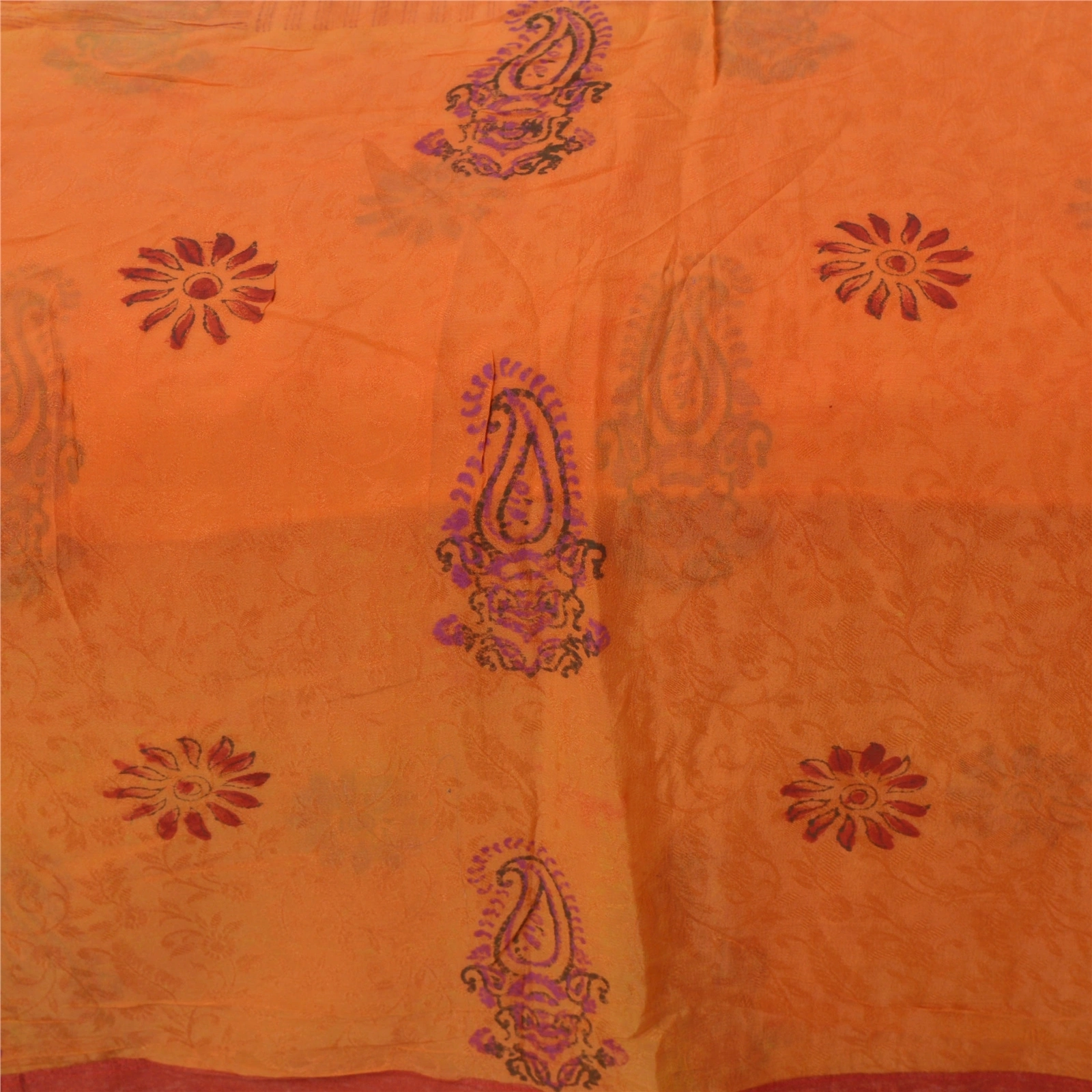 Sanskriti Vintage Orange Indian Sari Printed Blend Silk Sarees Craft Fabric, PR-52007-Orange-Printed Floral Design-Blend Silk-4