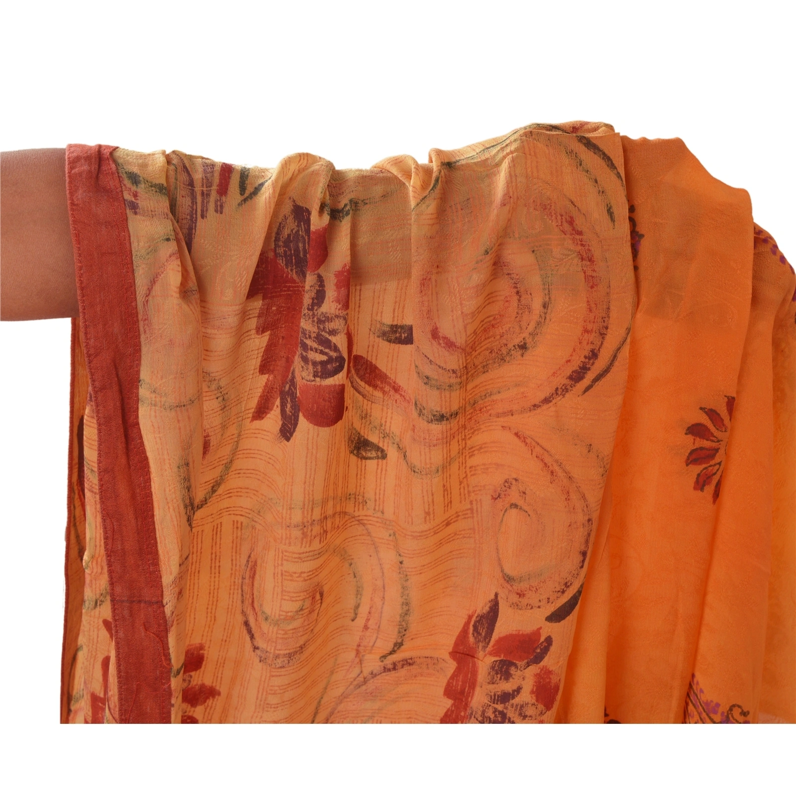 Sanskriti Vintage Orange Indian Sari Printed Blend Silk Sarees Craft Fabric, PR-52007-Orange-Printed Floral Design-Blend Silk-6