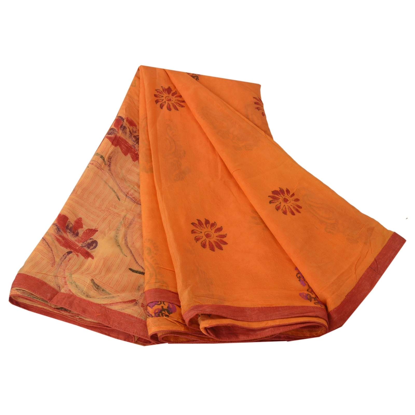 Sanskriti Vintage Orange Indian Sari Printed Blend Silk Sarees Craft Fabric, PR-52007-Orange-Printed Floral Design-Blend Silk-7