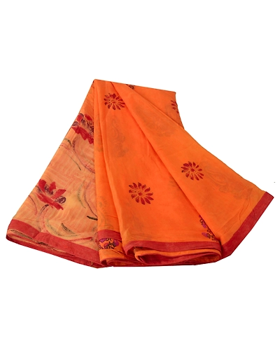 Sanskriti Vintage Orange Indian Sari Printed Blend Silk Sarees Craft Fabric, PR-52007-Orange-Printed Floral Design-Blend Silk-7