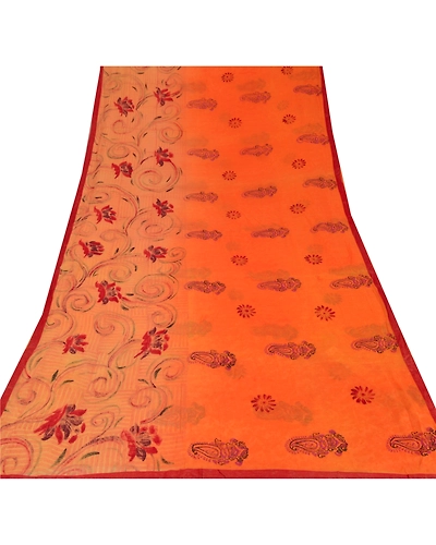 Sanskriti Vintage Orange Indian Sari Printed Blend Silk Sarees Craft Fabric, PR-52007-Orange-Printed Floral Design-Blend Silk-8