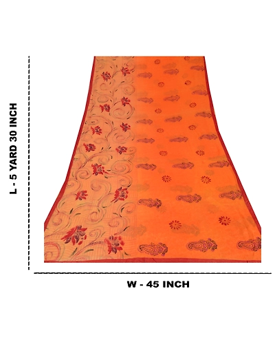 Sanskriti Vintage Orange Indian Sari Printed Blend Silk Sarees Craft Fabric, PR-52007-Orange-Printed Floral Design-Blend Silk-9