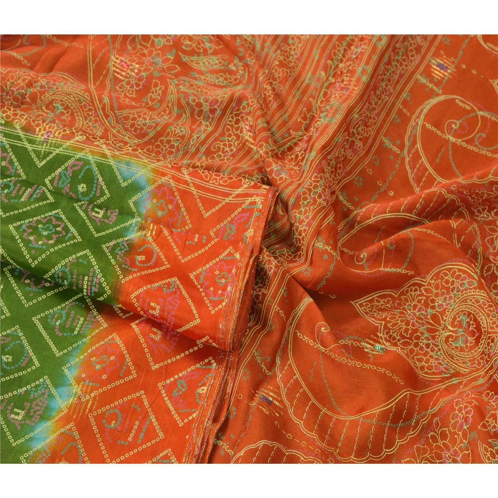 Sanskriti Vintage Green Sarees Bandhani Printed Blend Silk Sari 5Yd Craft Fabric, PR-52084-Green-Printed Floral Design-Blend Silk-1