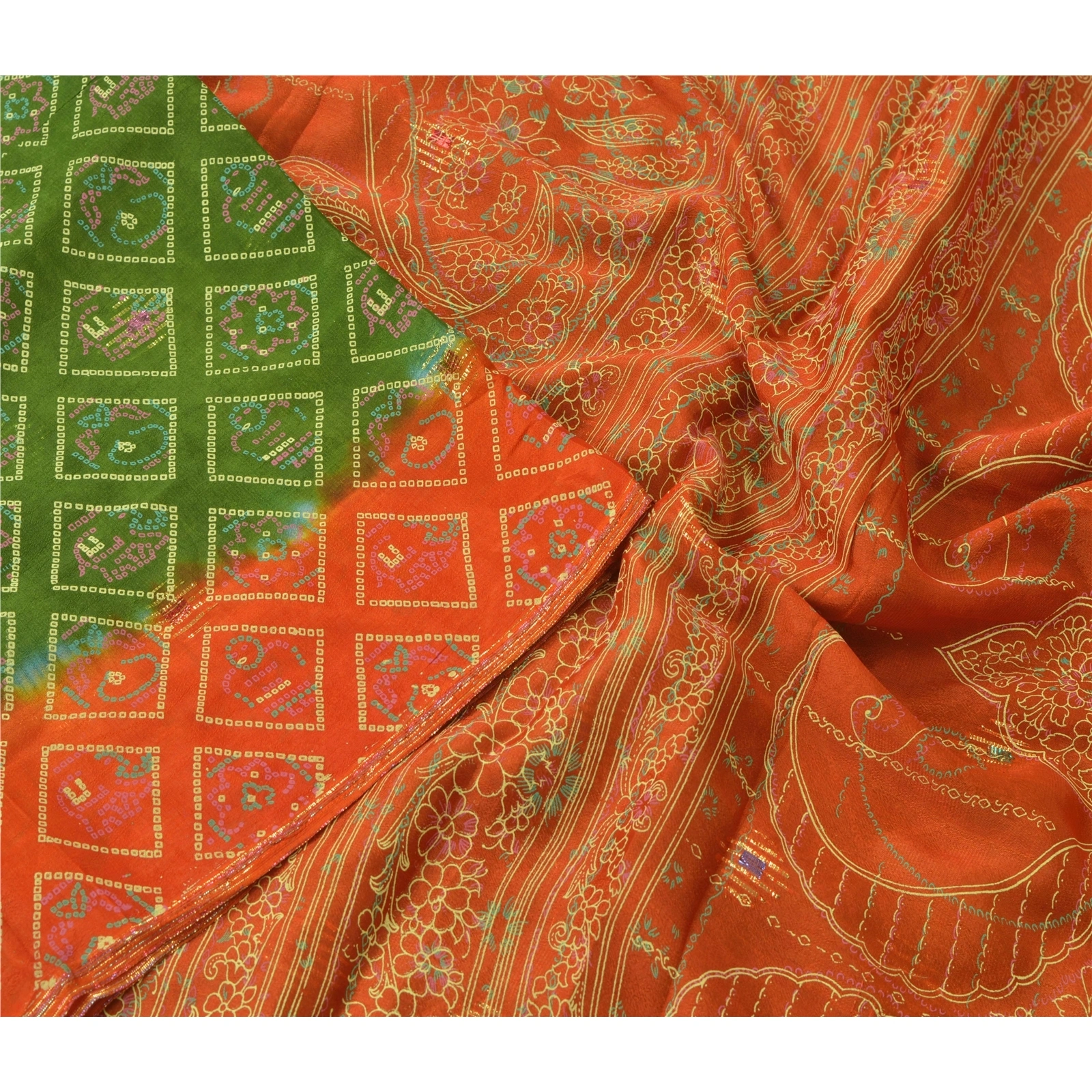 Sanskriti Vintage Green Sarees Bandhani Printed Blend Silk Sari 5Yd Craft Fabric, PR-52084-Green-Printed Floral Design-Blend Silk-2