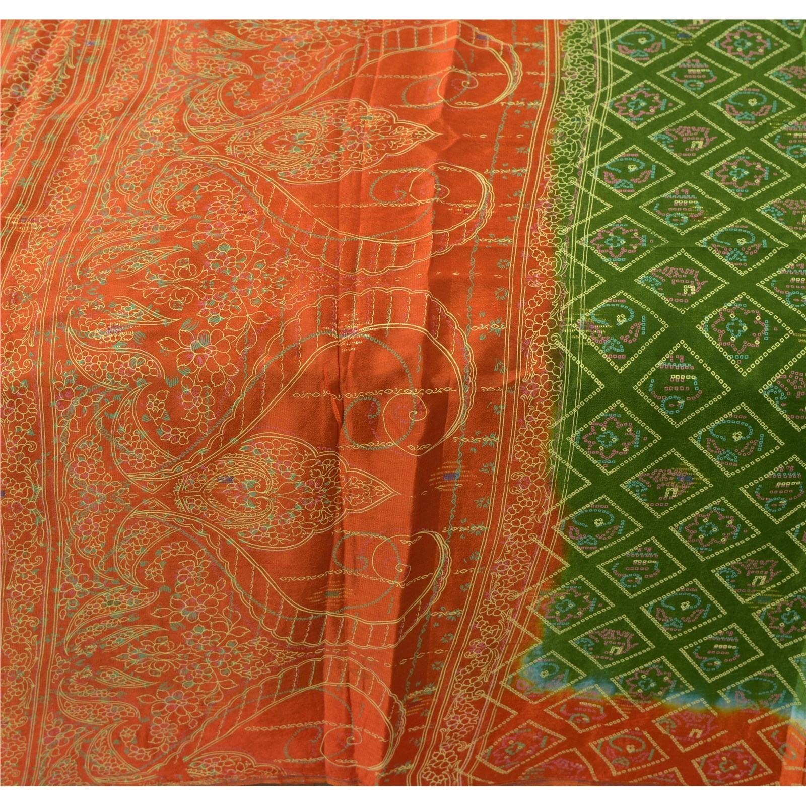 Sanskriti Vintage Green Sarees Bandhani Printed Blend Silk Sari 5Yd Craft Fabric, PR-52084-Green-Printed Floral Design-Blend Silk-4