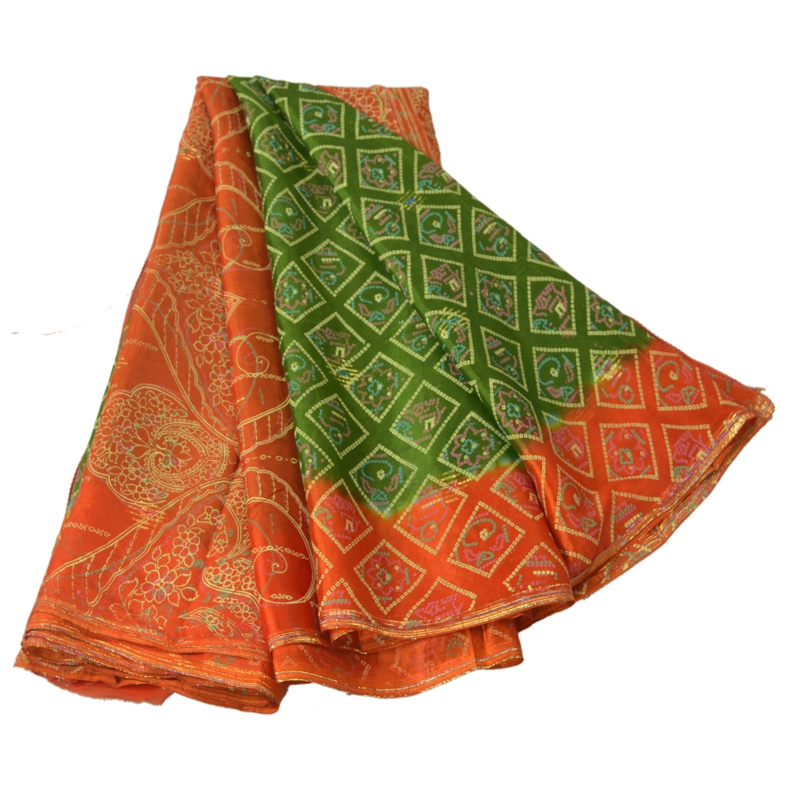 Sanskriti Vintage Green Sarees Bandhani Printed Blend Silk Sari 5Yd Craft Fabric, PR-52084-Green-Printed Floral Design-Blend Silk-7