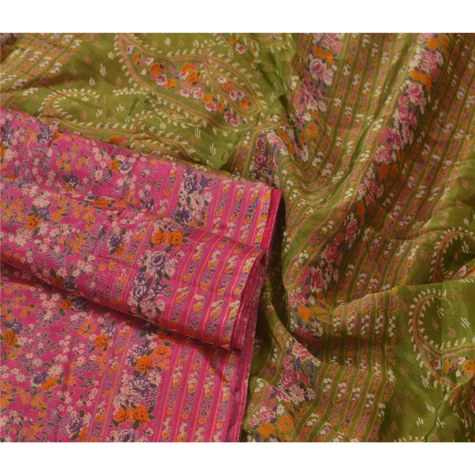 Sanskriti Vintage Pink Indian Sari Printed Blend Silk Sarees Craft 5 Yard Fabric, PR-52109-Pink-Printed Floral Design-Pure Silk-1