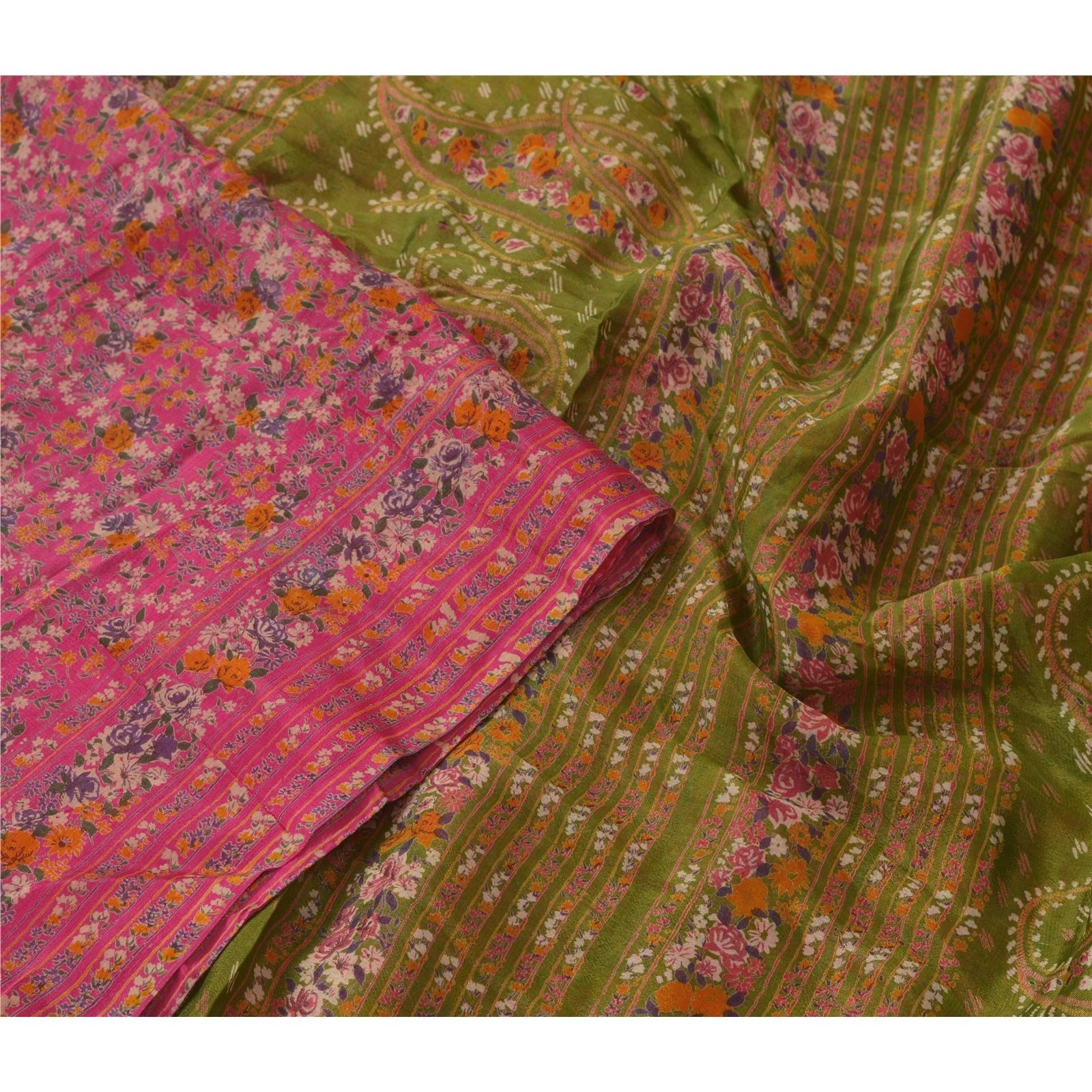 Sanskriti Vintage Pink Indian Sari Printed Blend Silk Sarees Craft 5 Yard Fabric, PR-52109-Pink-Printed Floral Design-Pure Silk-2