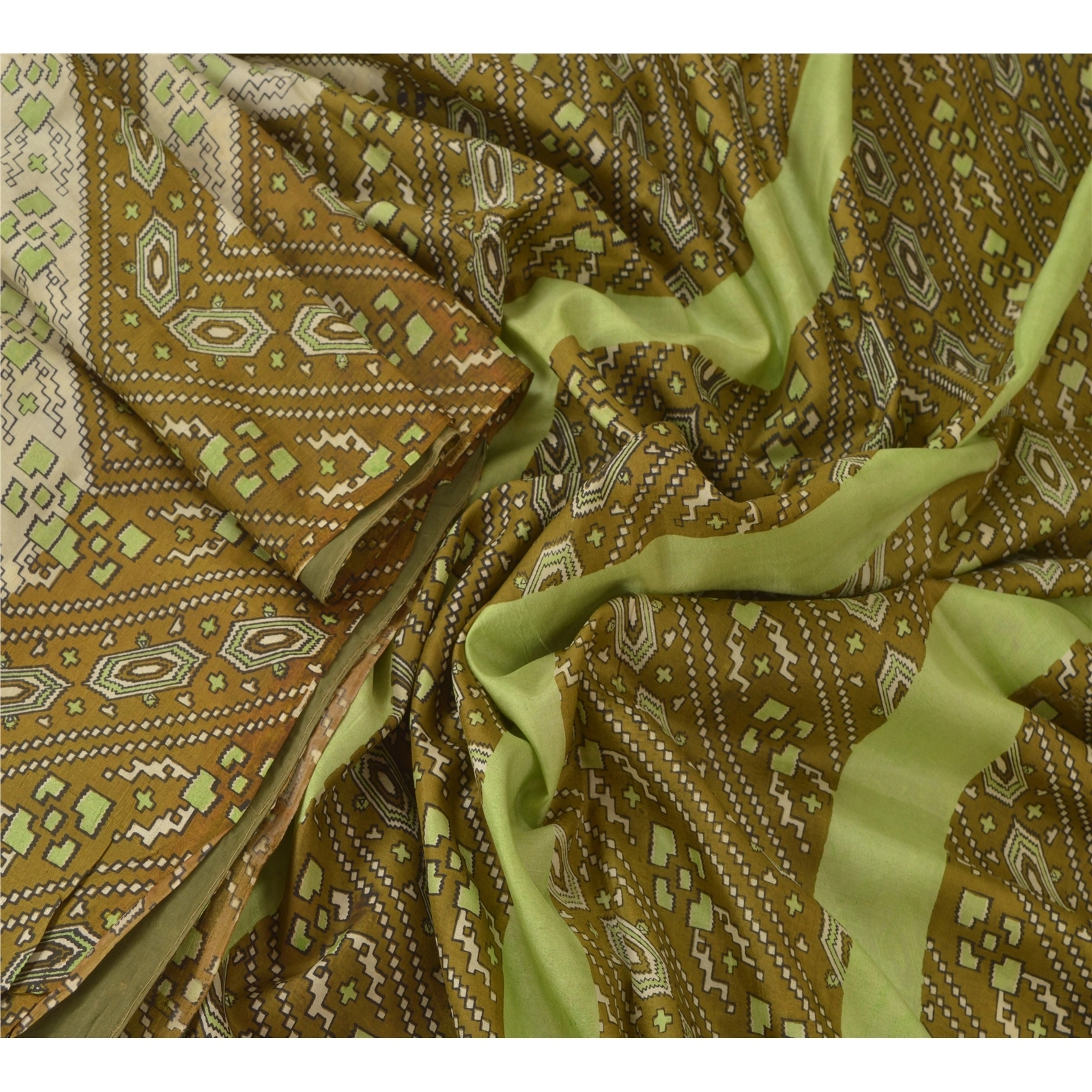 Sanskriti Vintage Green Sarees 100% Pure Silk Printed Craft 5 Yard Fabric Sari, PR-52216-Green-100% Pure Silk-1