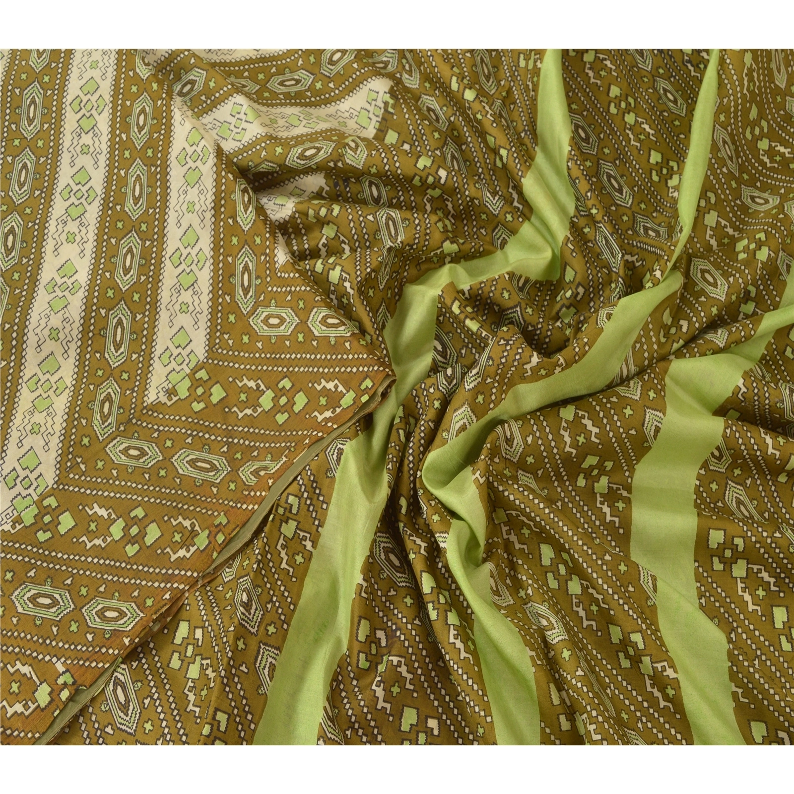 Sanskriti Vintage Green Sarees 100% Pure Silk Printed Craft 5 Yard Fabric Sari, PR-52216-Green-100% Pure Silk-2