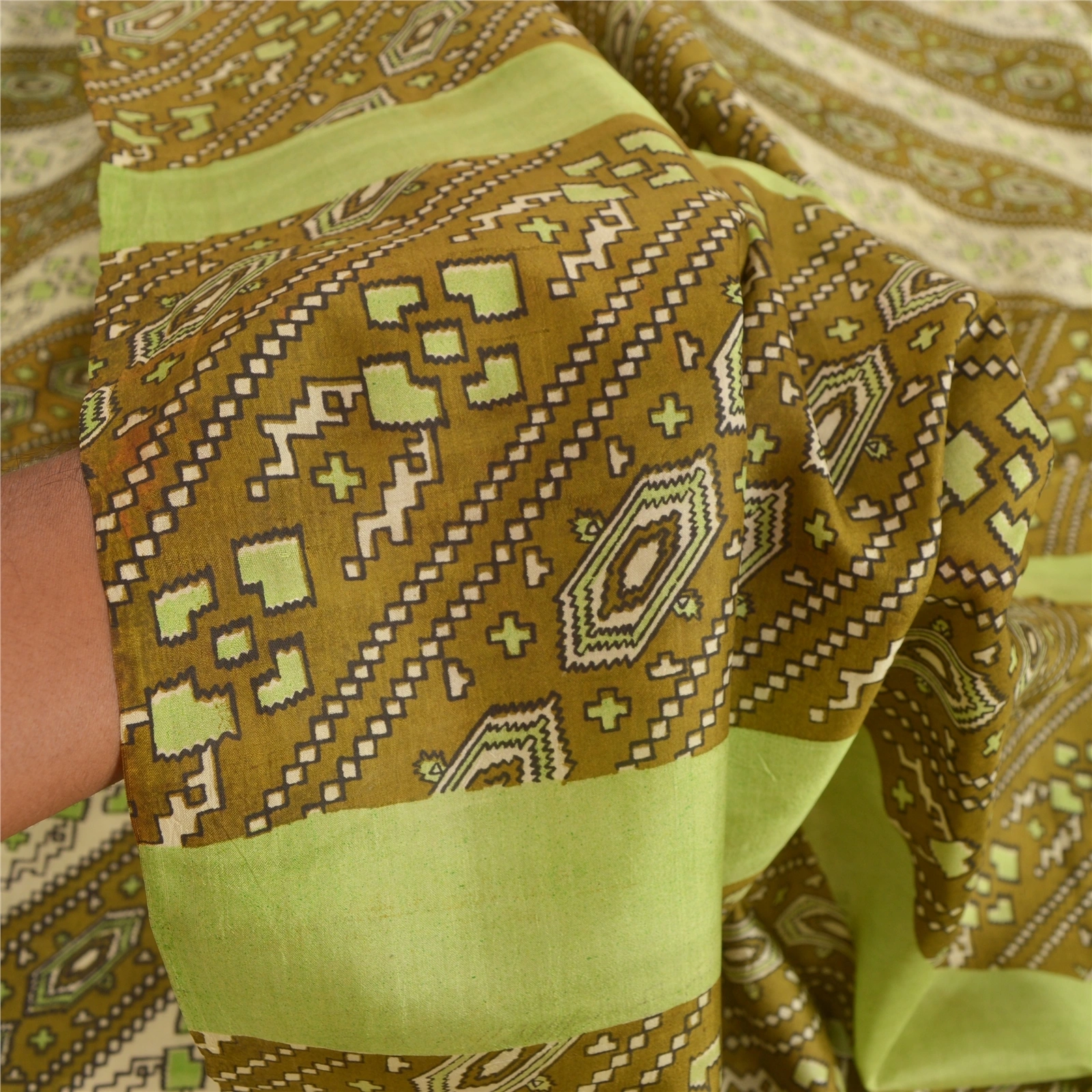 Sanskriti Vintage Green Sarees 100% Pure Silk Printed Craft 5 Yard Fabric Sari, PR-52216-Green-100% Pure Silk-5