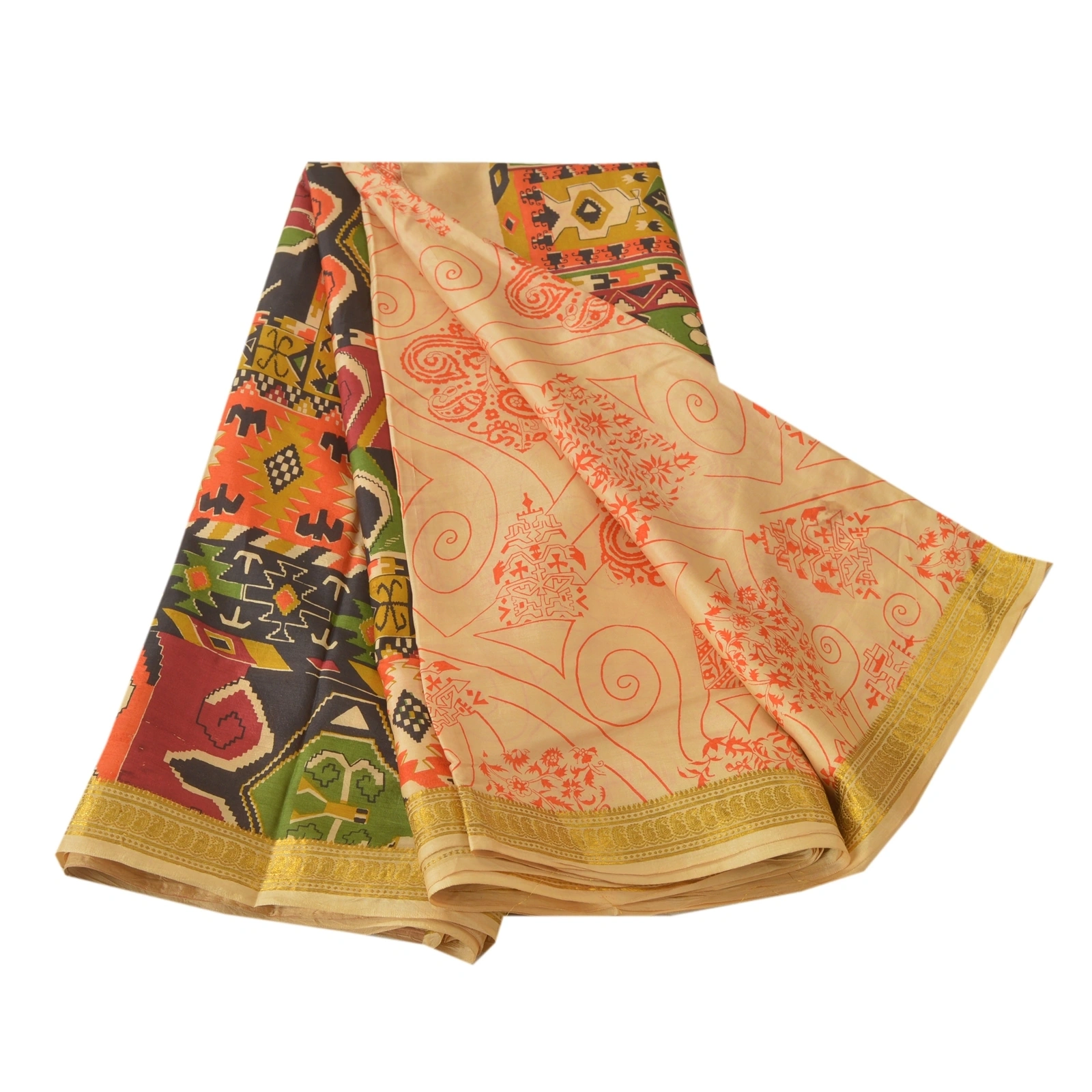 Sanskriti Vintage Cream Sarees Pure Silk Printed Craft Fabric Zari Border Sari, PR-52240-Cream-100% Pure Silk-6