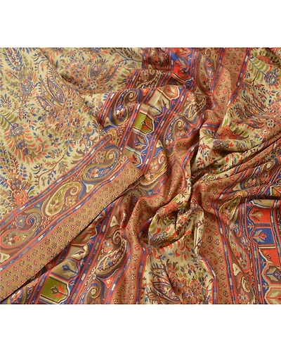 Sanskriti Vintage Indian Sarees Art Silk Printed Sari Craft Sewing Soft Fabric, PR-52319-Cream-Art ( Artificial) Silk-2