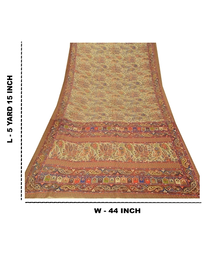 Sanskriti Vintage Indian Sarees Art Silk Printed Sari Craft Sewing Soft Fabric, PR-52319-Cream-Art ( Artificial) Silk-8