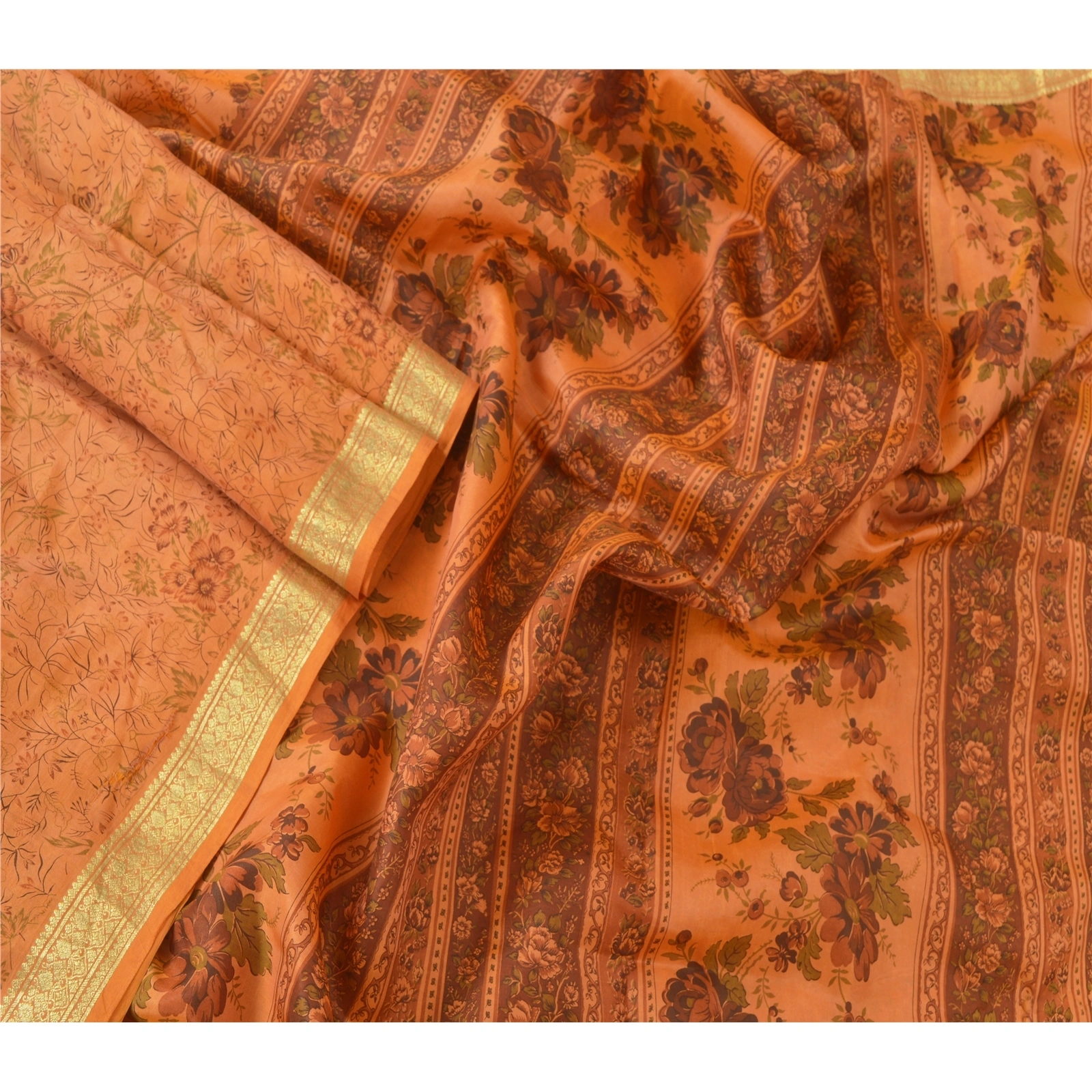 Sanskriti Vintage Peach Sarees Pure Silk Printed Craft Fabric Zari Border Sari, PR-52406-Dark Peach-100% Pure Silk-1