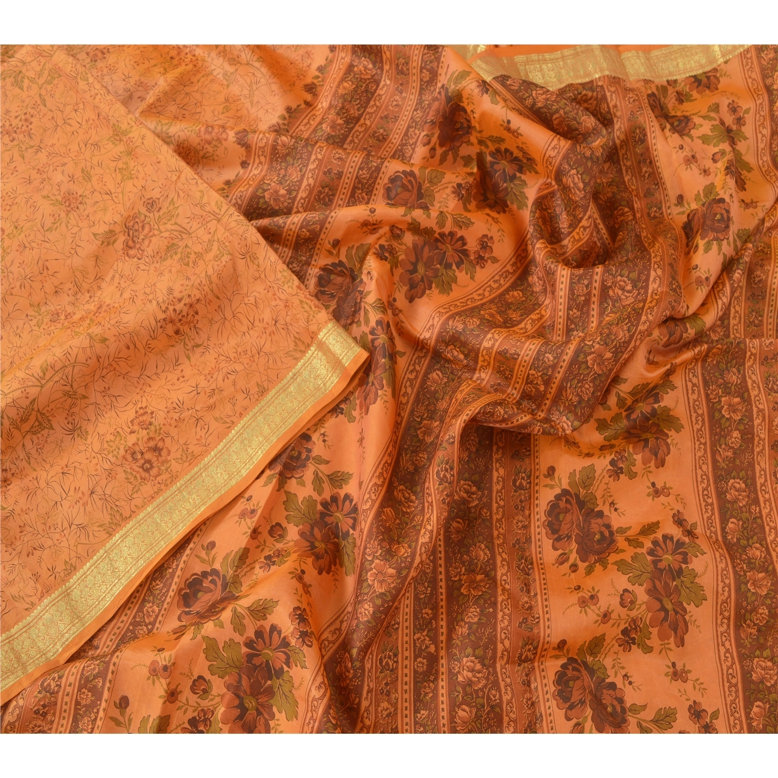 Sanskriti Vintage Peach Sarees Pure Silk Printed Craft Fabric Zari Border Sari, PR-52406-Dark Peach-100% Pure Silk-2