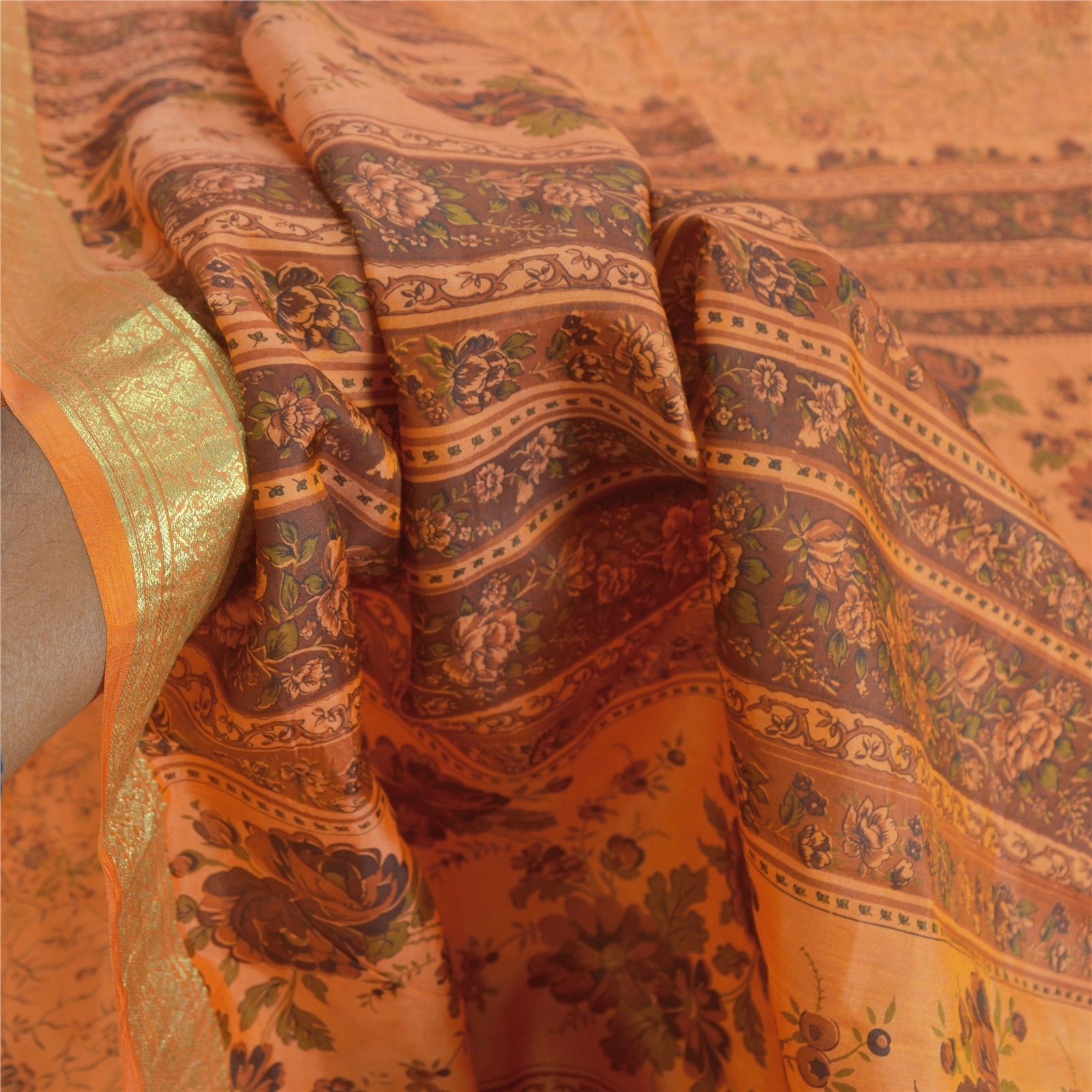 Sanskriti Vintage Peach Sarees Pure Silk Printed Craft Fabric Zari Border Sari, PR-52406-Dark Peach-100% Pure Silk-5