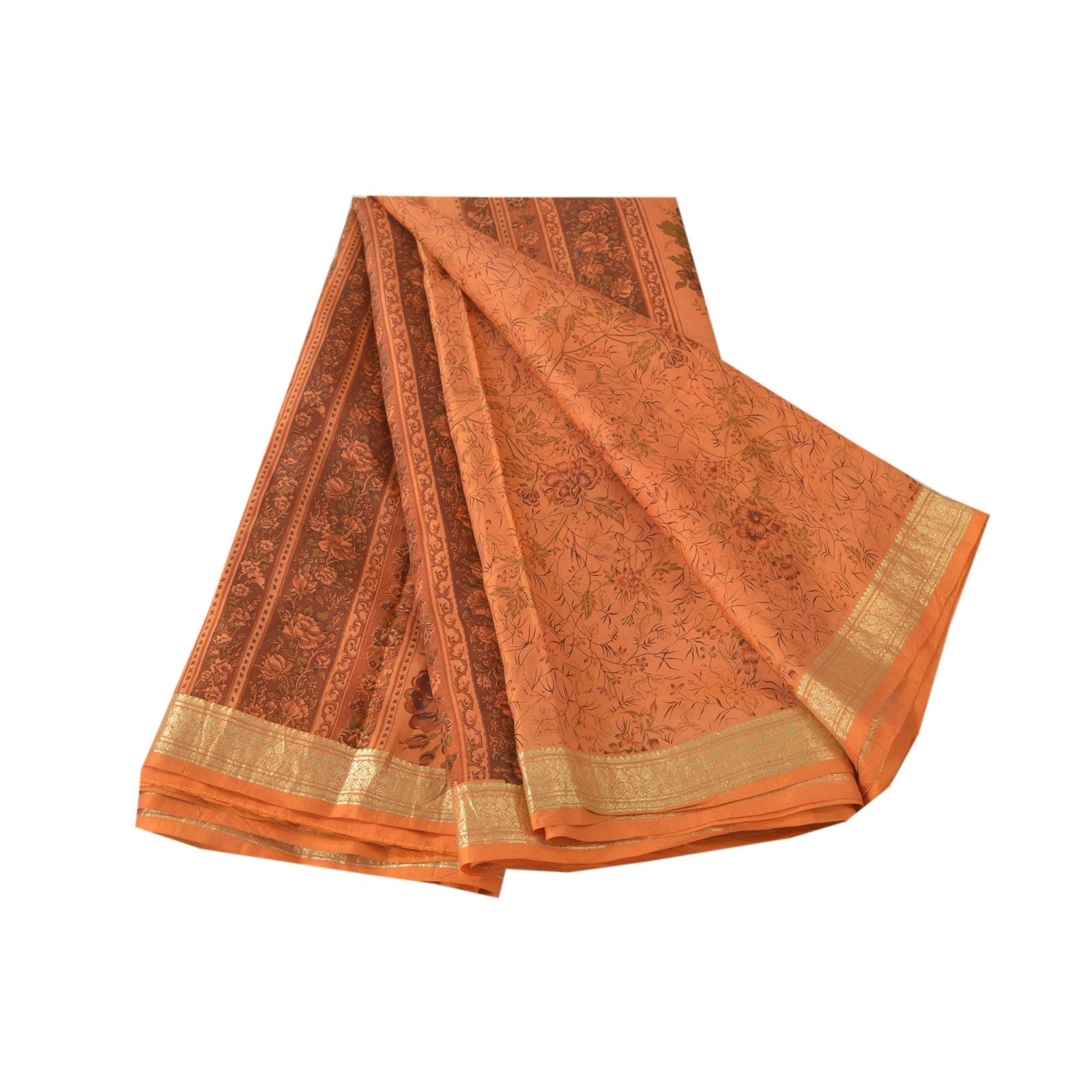 Sanskriti Vintage Peach Sarees Pure Silk Printed Craft Fabric Zari Border Sari, PR-52406-Dark Peach-100% Pure Silk-6