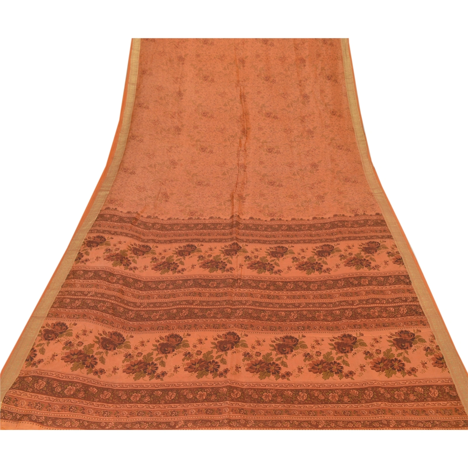 Sanskriti Vintage Peach Sarees Pure Silk Printed Craft Fabric Zari Border Sari, PR-52406-Dark Peach-100% Pure Silk-7