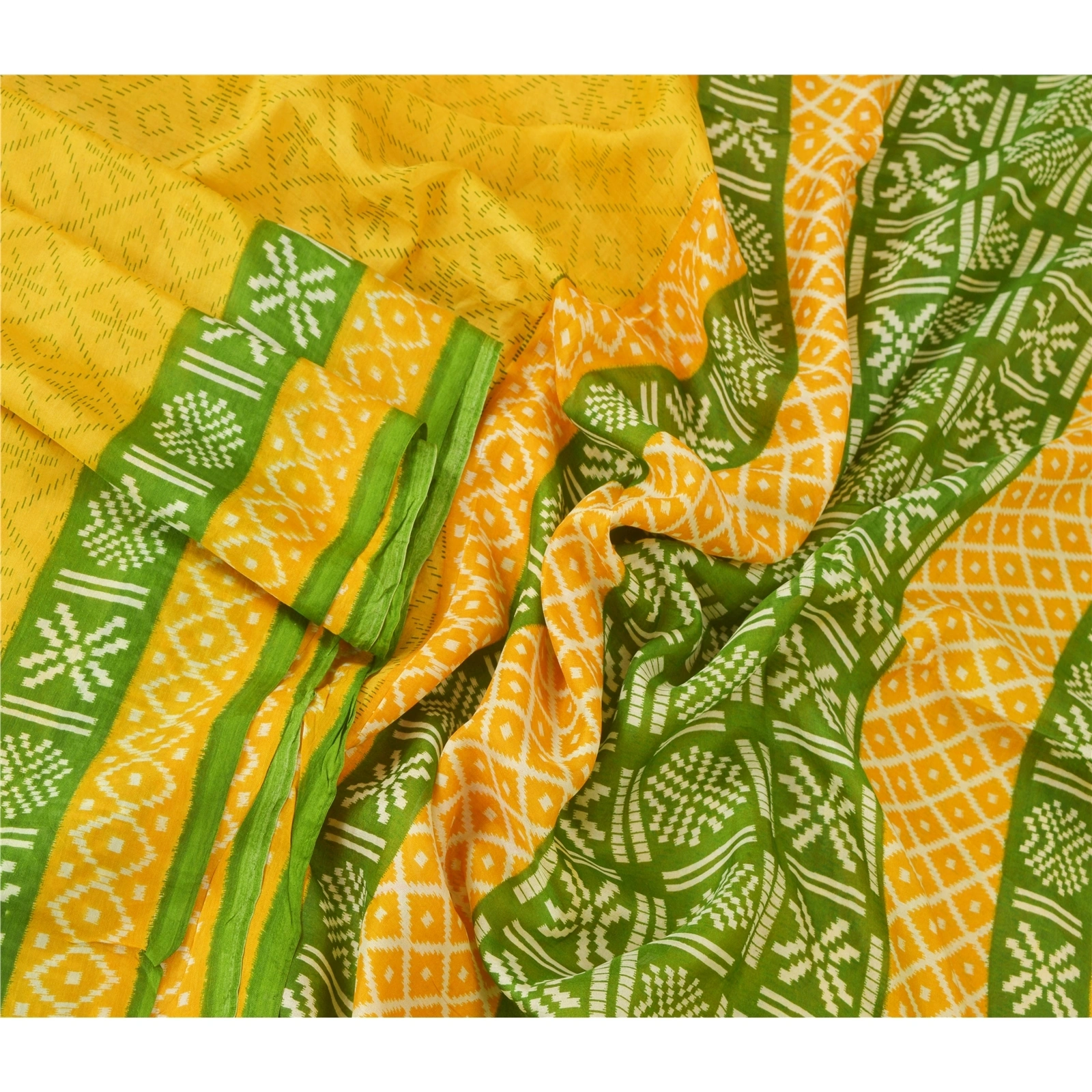 Sanskriti Vintage Yellow Sarees 100% Pure Silk Printed Fabric Craft 5 Yard Sari, PR-52430-Yellow &amp; Green-Printed Work-100% Pure Silk-1