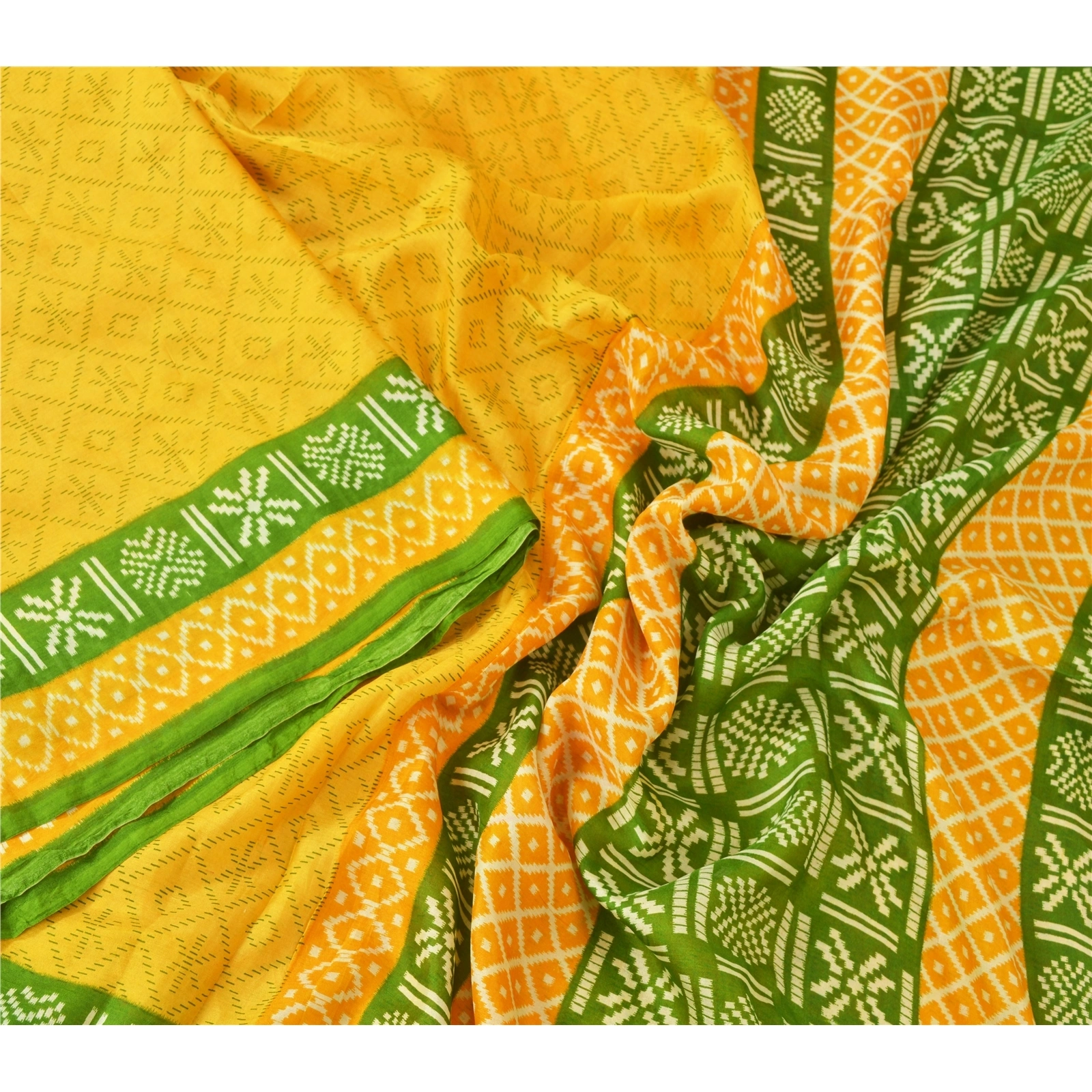 Sanskriti Vintage Yellow Sarees 100% Pure Silk Printed Fabric Craft 5 Yard Sari, PR-52430-Yellow &amp; Green-Printed Work-100% Pure Silk-2