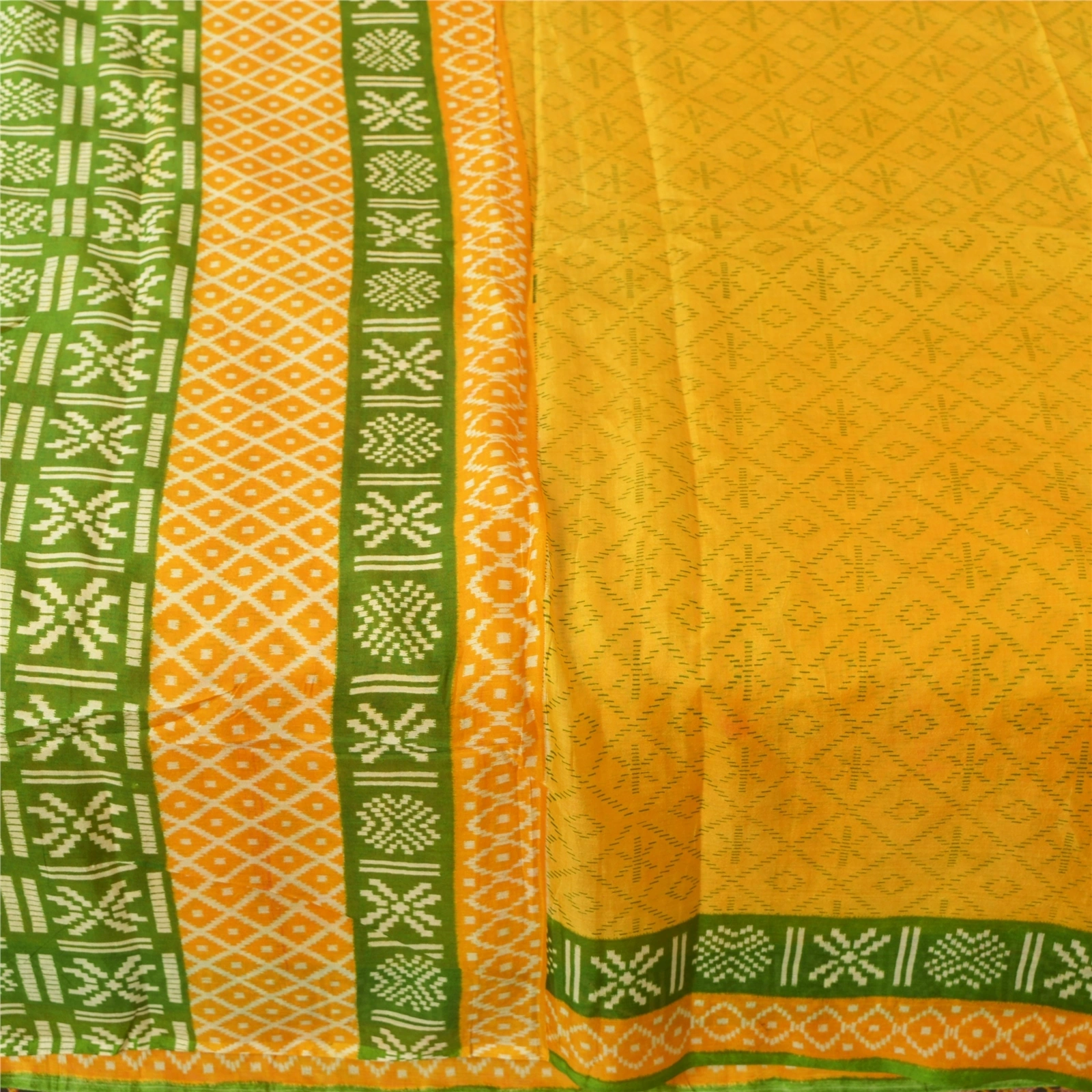 Sanskriti Vintage Yellow Sarees 100% Pure Silk Printed Fabric Craft 5 Yard Sari, PR-52430-Yellow &amp; Green-Printed Work-100% Pure Silk-3