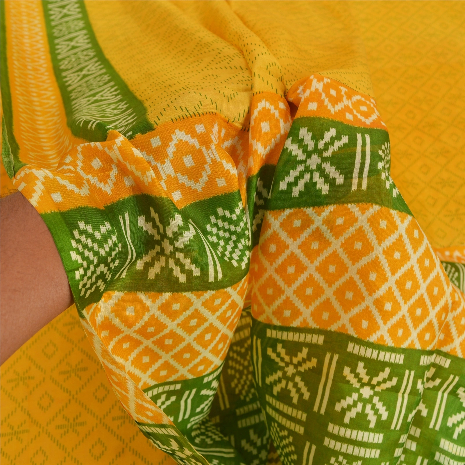 Sanskriti Vintage Yellow Sarees 100% Pure Silk Printed Fabric Craft 5 Yard Sari, PR-52430-Yellow &amp; Green-Printed Work-100% Pure Silk-5