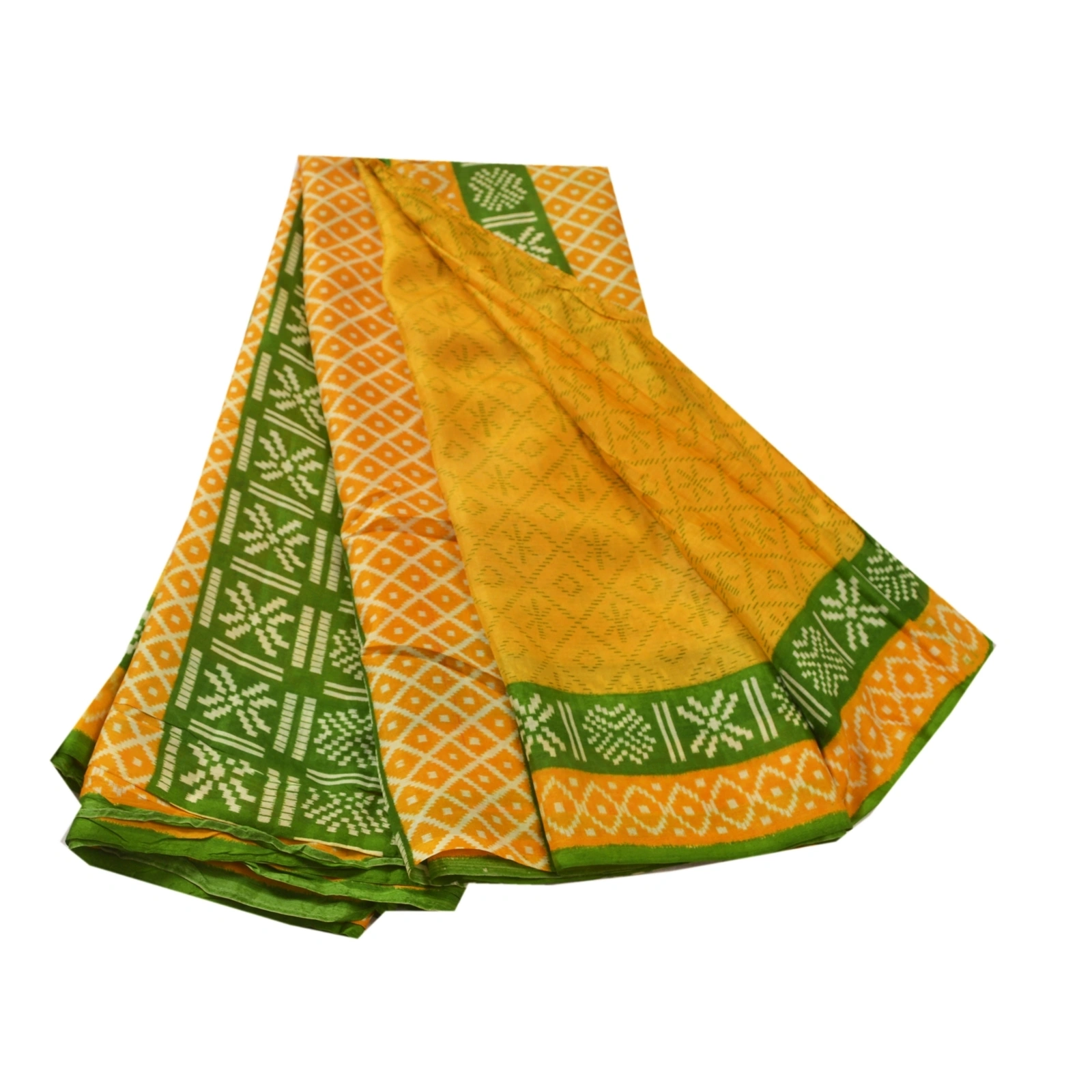 Sanskriti Vintage Yellow Sarees 100% Pure Silk Printed Fabric Craft 5 Yard Sari, PR-52430-Yellow &amp; Green-Printed Work-100% Pure Silk-6