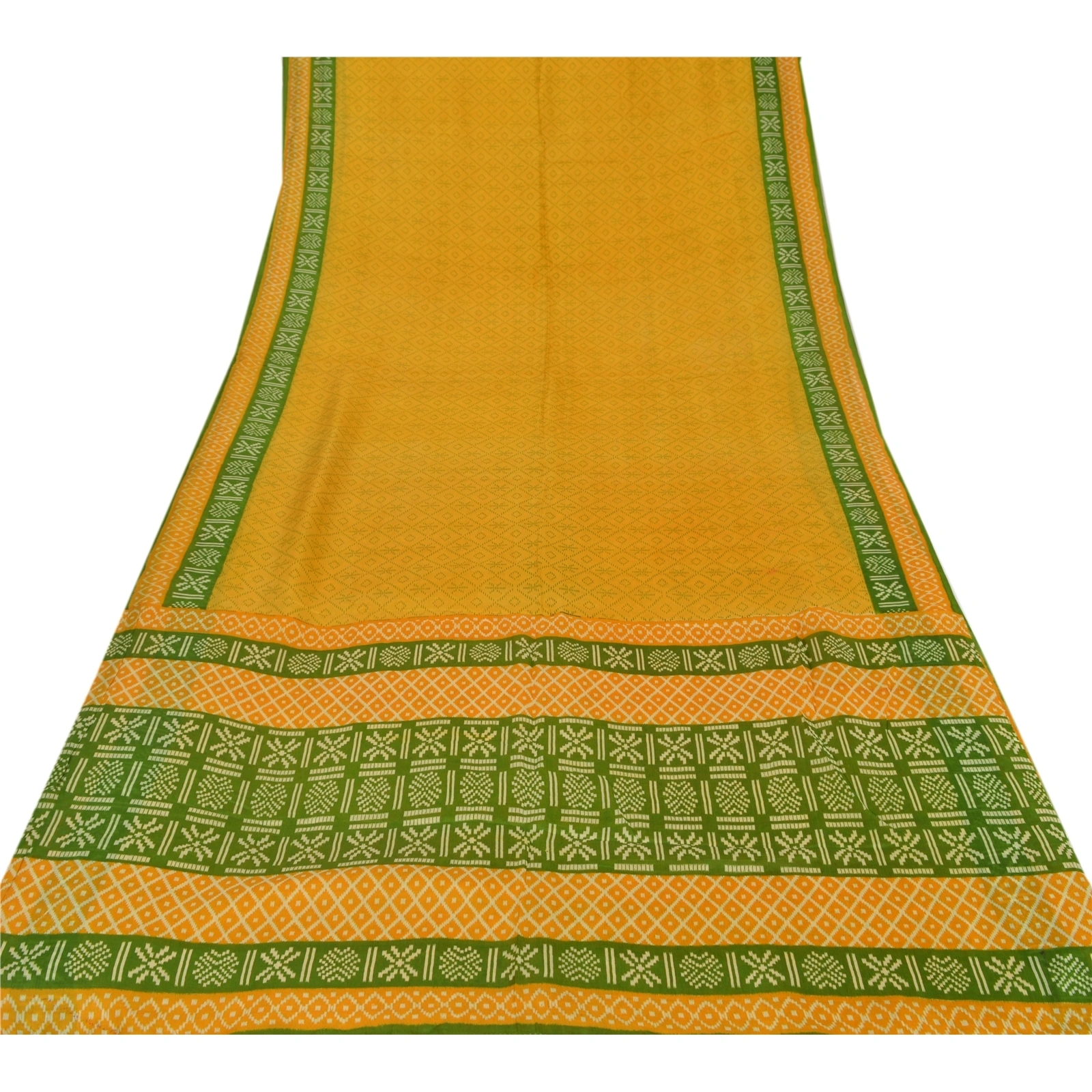 Sanskriti Vintage Yellow Sarees 100% Pure Silk Printed Fabric Craft 5 Yard Sari, PR-52430-Yellow &amp; Green-Printed Work-100% Pure Silk-7