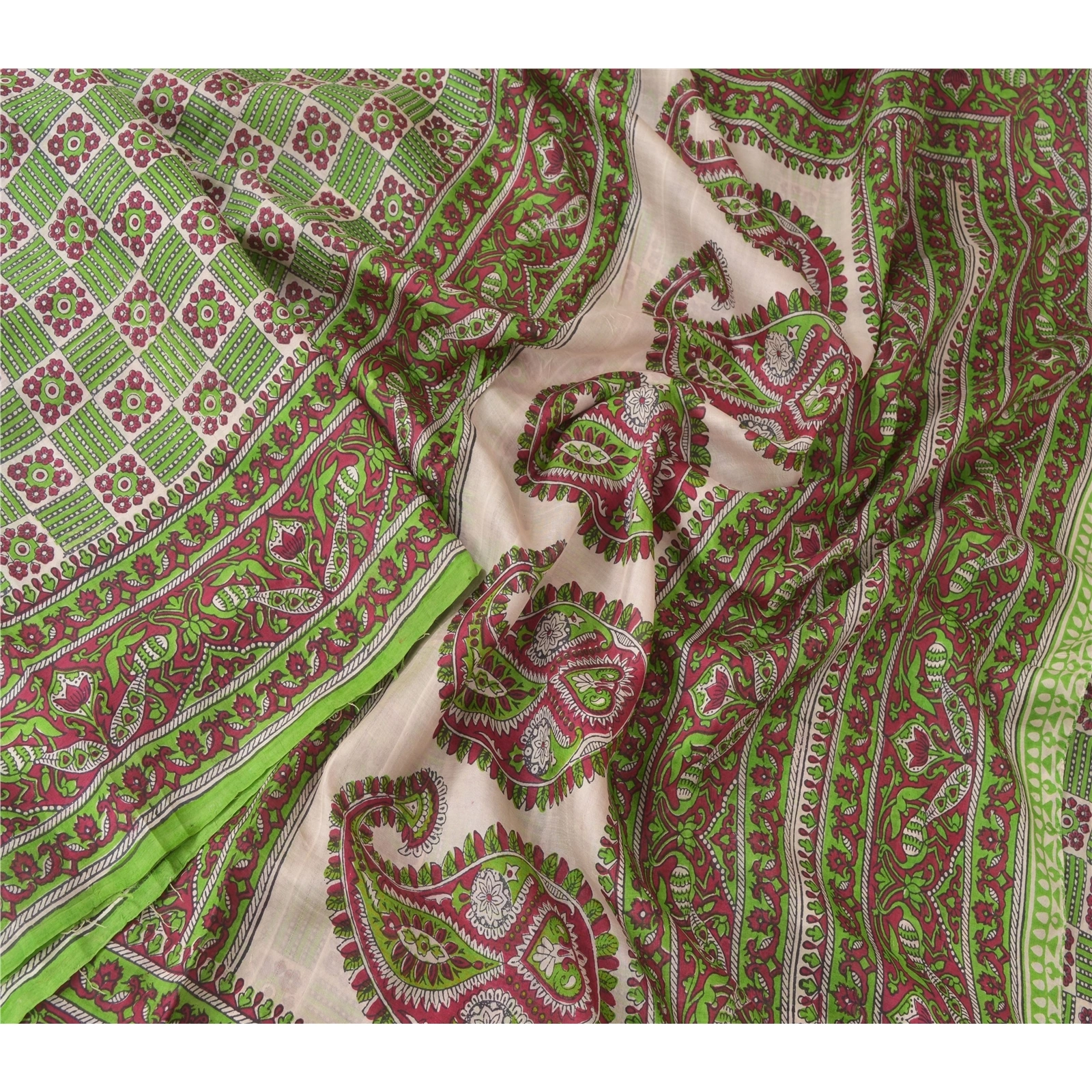 Sanskriti Vintage Green Sarees 100% Pure Silk Printed Fabric Craft Sewing Sari, PR-52443-Green-Printed Work-100% Pure Silk-2